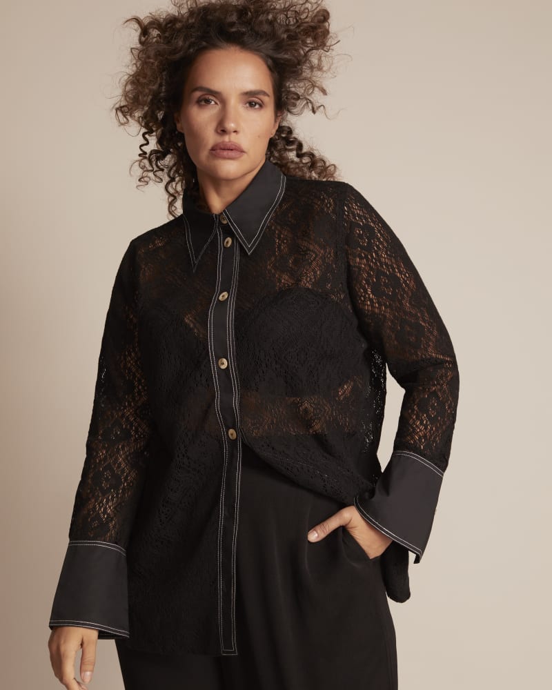 Front of a model wearing a size 44 Haven Cotton Lace Shirt in BLACK by GANNI. | dia_product_style_image_id:246201
